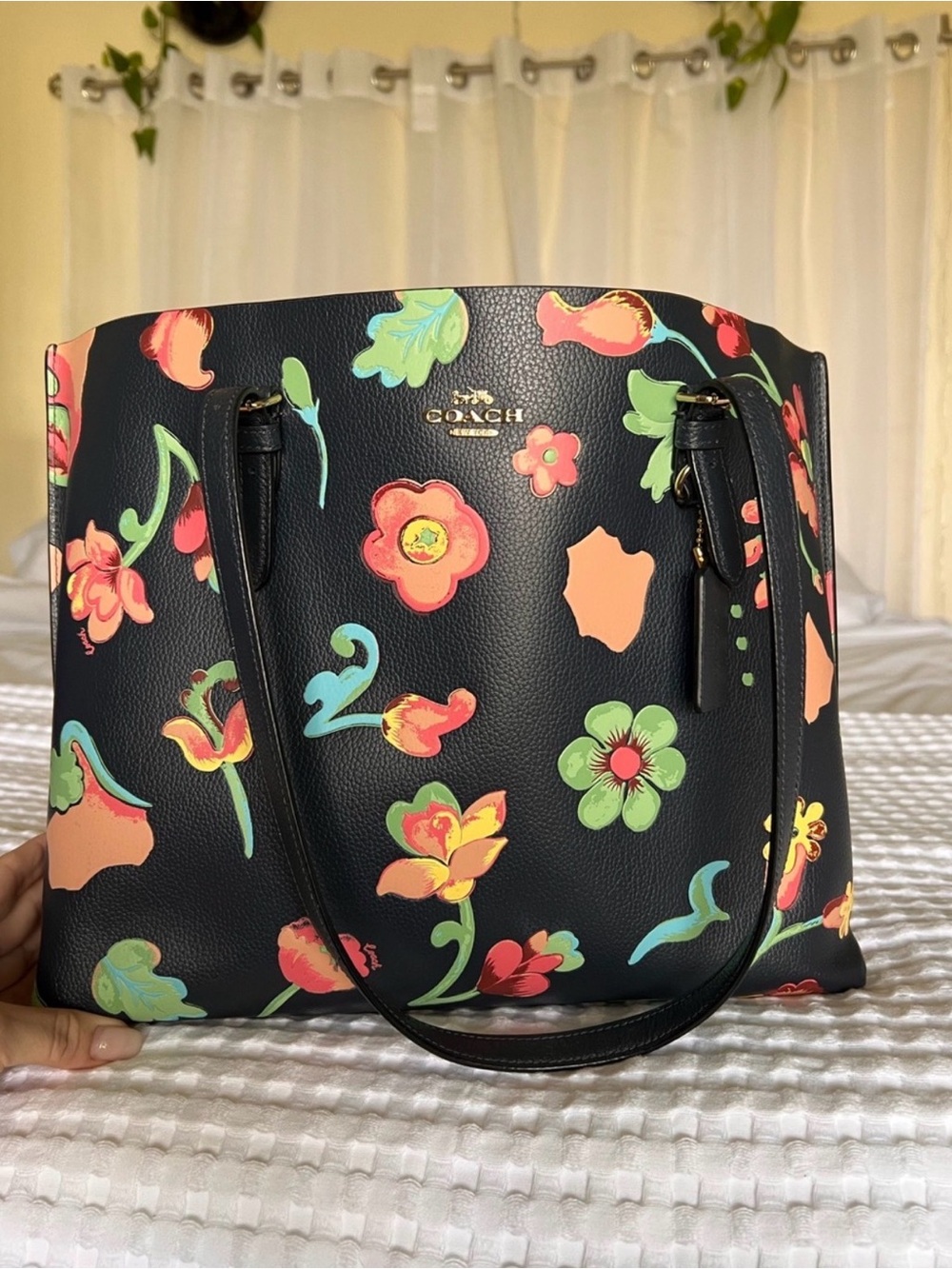 Coach Black Leather Tote with Multicolor Floral Print